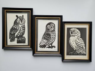 3 Vintage Woodcuts Barn Horned Snowy Owl 5”x3” Signed Art