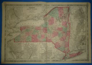 Vintage 1864 York State Map Old Antique Johnson 