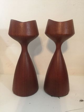 Vtg Mid - Century Danish Modern Teak Wood Candle Holders Retro Set Of 2 Decor