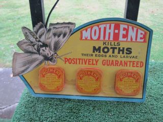 Rare And Vintage Moth - Ene Kills Moths Store Sign Display 7 1/2 X 12 1/2 ",  3 Tins