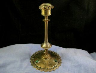 Antique Gothic Victorian Arts & Crafts Brass Jewelled Candlestick Candle Holder