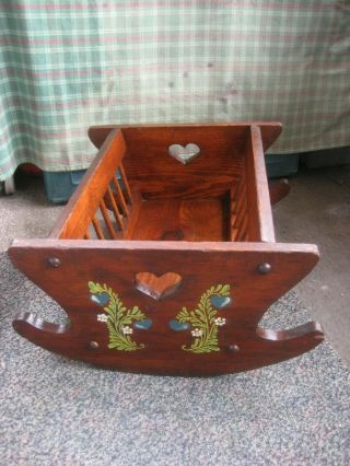 Large Vintage Rocking Wooden Doll Baby Crib Cradle 18” X 17 " X 9” Hand Painted