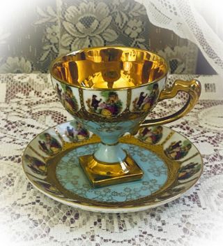 Vintage Arnart Gilt Beaded Porcelain Pedestal Teacup & Saucer Set Lovers 