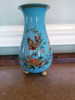 Antique Bristol Blue,  Hand,  - Painted Vase With Birds,  Floral.