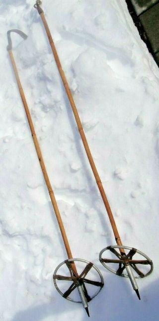 Antique Bamboo Ski Poles 45 1/2 " Long W Leather Baskets & Straps