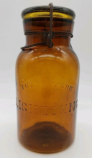 Antique Fruit Jar Crude 1880s Trademark Lightning Yellow Amber Quart Putnam 403