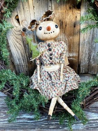 Primitive Folk - Art Snow Girl W Glitter Tree Grunged Doll
