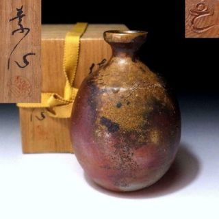 Wo13 Vintage Japanese Sake Bottle,  Bizen Ware By Famous Potter,  Soshin Yoshiyuki