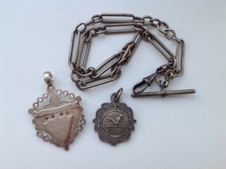 Antique Solid Silver Albert Watch Chain With X2 Sporting Fobs