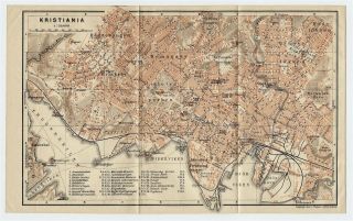1909 Antique Map Of Oslo / Kristiania / Norway