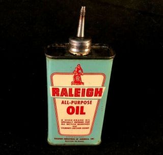 Vintag Raleigh All - Purpose Oil Lead Top Handy Oiler Rare Old Advertising Tin Can