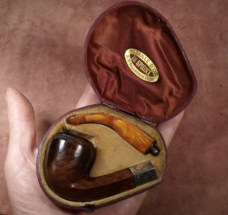 Antique Briar With Silver Band & Amber Pipe In Etui Pipe " Au Sphinx "