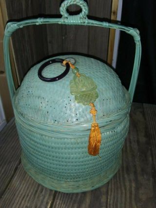 Old Vintage Green Chinese Sewing Basket Coin Jade Tassel Single Handle