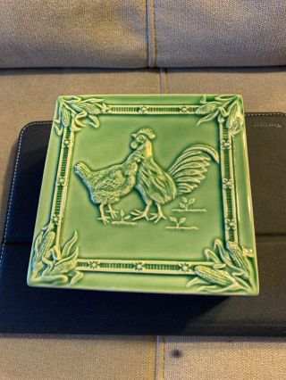 Rare Bordallo Pinheiro Rooster,  Chicken & Corncobs Trinket Green Box Portugal