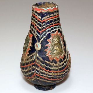 Rare Roman Era Phoenician Colored Glass Bottle With Bronze Decorations Ca 100 - 20