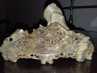 Rare Chinese Carved Soapstone Landscape Mountain Pagoda Sculpture From 1 Stone