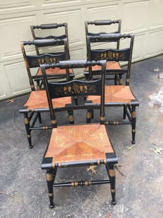 Set Of 5 Vintage Hitchcock Chairs Black & Gold Stenciled Rush Seats
