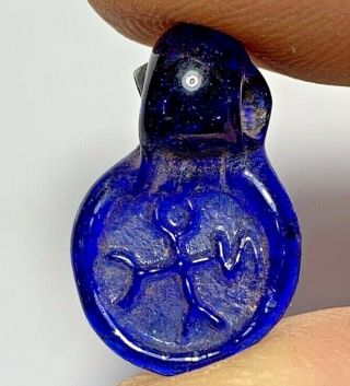 Rare Byzantine Very Rare Blue Glass Seal Pendant With Cross Amulet 2.  3gr 24mm
