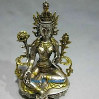Rare Tibet Silver Gilt Tibetan Buddhism Statue - Green Tara Buddha