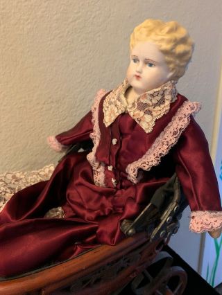 Rare Blonde 17” Antique 1800’s German Parian China Head Doll Victorian Dress 2