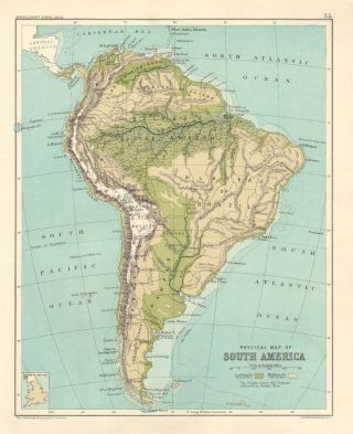 1891 Victorian Map Physical South America Pampas Amazon Rainforest Andes