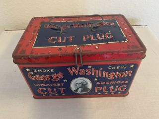 Antique George Washington Cut Plug Tin/rj Reynolds/metal Handle/lunch Box Style