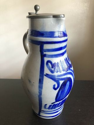 Antique Cobalt Blue Decorated Salt Glaze Stoneware Pitcher Jug Stein Pewter Lid