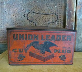 Old Antique Union Leader Cut Plug Lunchbox Style Tobacco Tin Aafa