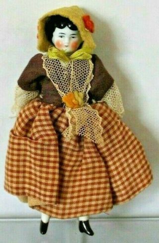 Antique 5 " Miniature Girl Doll With China Head Hands And Feet