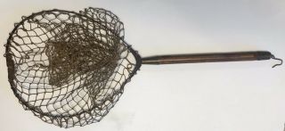 Antique Fishing Landing Net With Wood Handle Metal Nautical Decor 1920 - 30 Rare