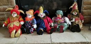 Rare Vintage Clown Dolls W/porcelain Ceramic Faces Soft Bodies Approx 14” 18”