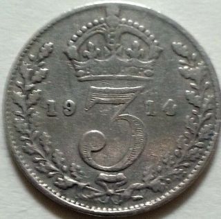 Solid Silver 3d 1914 Coin Ii World War I King George V Royal London England
