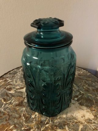 Vintage Le Smith Imperial Atterbury Scroll Teal Blue Glass Canister Jar 9” Rare