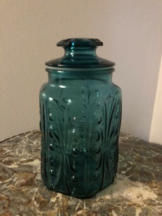 Vintage LE Smith Imperial Atterbury Scroll Teal Blue Glass Canister Jar 9” Rare 2