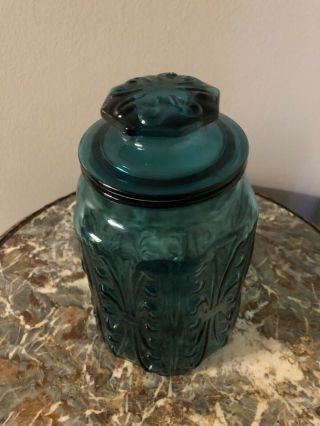 Vintage LE Smith Imperial Atterbury Scroll Teal Blue Glass Canister Jar 9” Rare 3