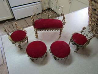 Vintage Tin Can Scroll Work Handmade Doll House Furniture Sofa Chairs Ottomans