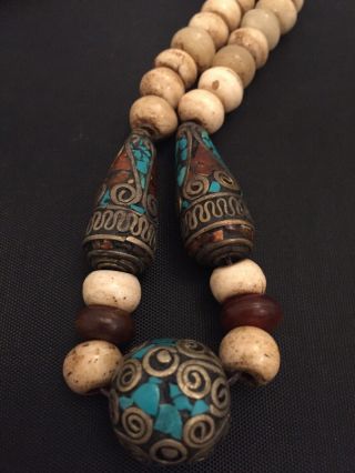 Rare Antique 19th C Tibetan Skull Mala Prayer Beads Amber Turquoise Silver