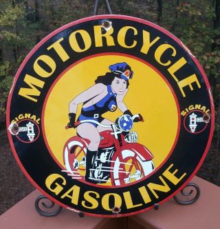 Rare Vintage Porcelain 1948 Signal Motorcycle Gasoline Pump Plate Harley Indian