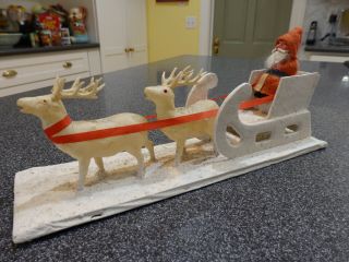 Antique German Christmas Santa Claus And Sled With Reindeers