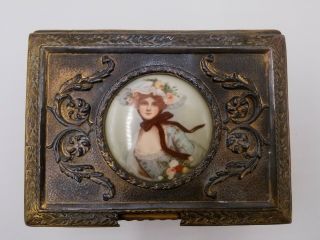 Large Antique To Vintage Gilt Ormolu Bronze Brass Portrait Miniature Jewelry Box