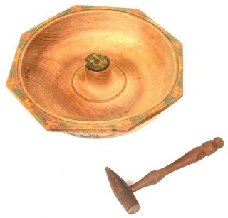Vintage Wood Bowl Nut Cracker,  Wooden Mallet Anvil Hammer Rare