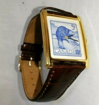 Rare Canada Post Limited Edition Watch 5c Stamp Blue Beaver Leather Strap Hirsch