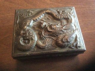 Vintage Antique Japanese Dragon Metal Wood Lined Trinket Box Jewelry Snuff Asian