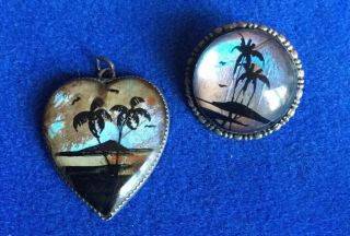 Antique Art Deco Silver Butterfly Wing Palm Trees Scenic Brooch & Heart Pendant