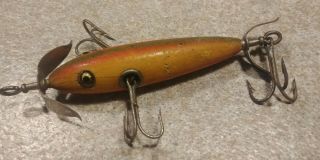Vintage Heddon Wood Fishing Lure Glass Eyes 3 Treble Hooks