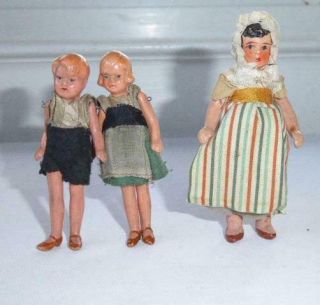 3 Antique Vintage Composition Jointed German Dollhouse Dolls 3 1/2 " & 4 " T