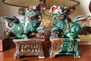 Chinese Antique Pair Dogs Of Foo Green Glaze