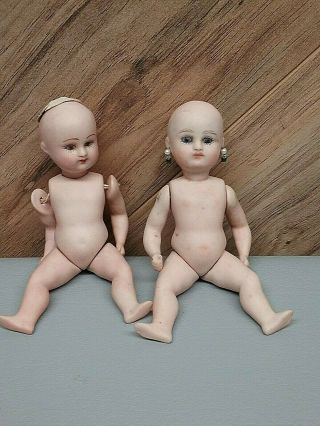 2 Vintage All Bisque Doll Jointed 5 " Tall,  No Clothing Or Wig Maker Unknown
