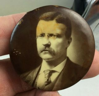 Rare 1904 Theodore Roosevelt 1.  75 " Sepia Toned Pinback Celluloid Button Pin Tr01