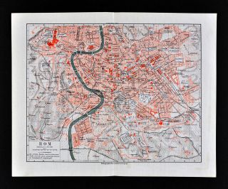 1900 Meyers Map Rome City Plan Colosseum Pantheon Campidoglio St.  Peters Vatican
